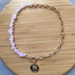 Chains Women Natural Pink Stone Necklace Fashion Punk Chain Stitching Unique Charm Jewellery Choker Gold-color Round Pendant AccessoryChains