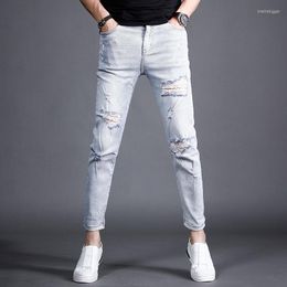 Men's Jeans Summer Ripped Men Light Blue Ankle-Length Pants Streetwear Fashion Lightweight Slim Fit Denim Trousers