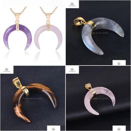 Pendant Necklaces 4.3 X 3.3Cm Natural Stone Necklace Jewellery Crystal Semi Gem Moon Gold Plated Crescent For Men And Women Dr Dhgarden Dh8Dc