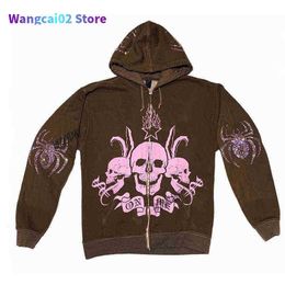 Men's Hoodies Sweatshirts Women Rhinestone Spider Skull print Streetwear Hoodies Women Coat Goth Harajuku Y2k aesthetic Clothes grunge Punk Jacket Zip-up 020723H