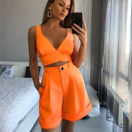Women's Two Piece Pants SpringSummer Suit Solid Colour Twopiece Sexy Slim Tube Top High Waist Shorts 2 Set and Vest 230206