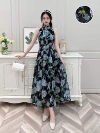 Casual Dresses Summer Women Sexy Off Shoulder Halter Neck Sashes Slim Long Dress High Quality Gorgeous Retro Floral Vacation DressCasual