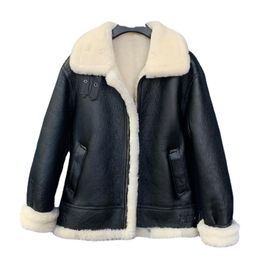 Men's Leather & Faux Sheepskin Fur Mens Shearling Coat Black White Genuine Jacket Male Winter Flying Motorcycle Windproof Warm Wool Overcoat
