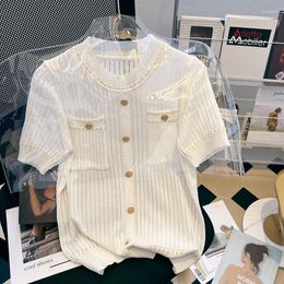 Women's T Shirts 2023 Summer Hollow Out Thin Knit Top Elegant Ladies Sweater Ice-silk Korean White Knitwear T-shirts Short Sleeve Tee Shirt
