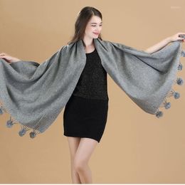 Scarves Arrival Solid Gray Women's Wool Fur Balls Pashmina With Fine Tassel Thick Long Shawl Scarf Warm 112804