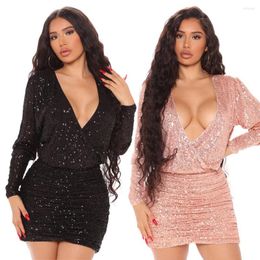 Casual Dresses Mandylandy Women Sexy Sequins Evening Dress Fashion Female Elegant Long Sleeve V Neck High Waist Bodycon Night Club Wear