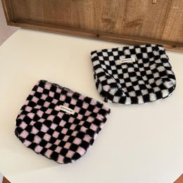 Cosmetic Bags Women Plush Checkboard Bag Beauty Case Winter Warm Zipper Make Up Travel Washing Makeup Organizer