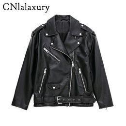 Men's Leather Faux Leather CNlalaxury Women Spring Autumn Black Faux Leather Jacket Casual PU Loose Motorcycle Outwear Female Streetwear Oversized Coat 230207