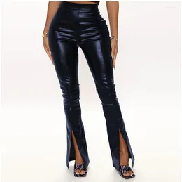 Women's Pants Sexy Women High Waist PU Leather Stretch Leggings Fashion Solid Colour Wide Leg Split Hem Skinny Female Trousers Streetwear