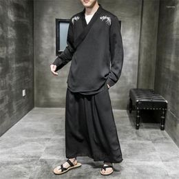 Ethnic Clothing 2023 Japanese Style Men Kimono Sets Long Sleeve V Neck Shirt Samurai Leisure Wide Leg Pants Solid Streetwear Mens Suits