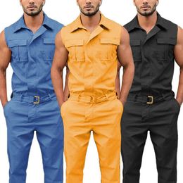 Men's Tracksuits Men Stylish Jumpsuit Overall Sleeveless Pockets Wasit Belt Zipper Work Clothes 230206