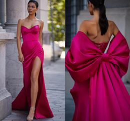Romantic Mermaid Evening Dresses Pink Satin With Detachable Bow Train Sleeveless Splilt Prom Gowns Sweetheart For Birthday Party V239T