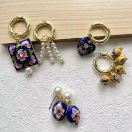 Hoop Earrings Hand Enamel Colourful Flower Cloisonne Beads Imitation Baroque Pearl Asymmetric Statement Vintage Jewellery