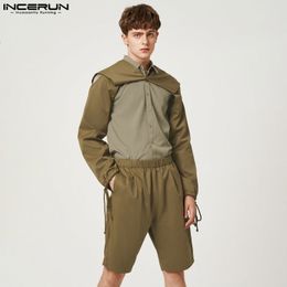 Men's Tracksuits 2023 Sets Solid Colour Long Sleeve V Neck Irregular Crop Shirt Shorts 2PCS Streetwear Fashion Casual Suits 5XL INCERUN 230206