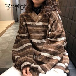 Women's Sweaters Knitted Sweaters Women Casual V Neck Stripe Pullover Sweater Autumn-winter Retro Jumper Harajuku Oversized Loose Sweater 230207