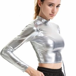 Women's TShirt CHSDCSI PU Short Top Women Shiny Leather High Street Turtleneck Dance Clubwear Long Sleeve s Gold Silver Costumes T shirt 230206