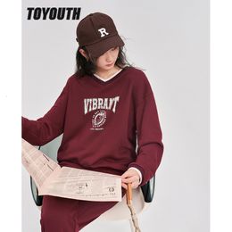 Men's Hoodies Sweatshirts Toyouth Women Fleece Sweatshirt Winter Long Sleeve V Neck Loose Hoodie Vintage Letter Print Casual Streetwear Pullover 230206