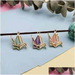 Charms 30Pcs Cute Make A Wish Crane Enamel Pendants Gold Tone Metal Fit Jewellery Diy Accessories Earring Floating Handmade Drop Deliv Dhkga