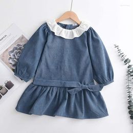 Girl Dresses Child Girls Dress White Lapel Corduroy Long Sleeve Skirt Baby Bowknot Belt Clothes 1-7 Years