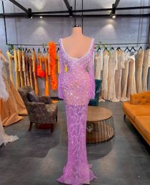 Prom Purple Long Sleeves V Neck Diamonds Appliques Shiny Sequins Beaded Floor Length Celebrity Formal Hollow Sexy Evening Dresses Plus Size Custom Made