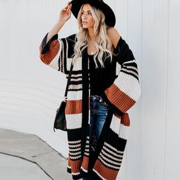 Women's Knits AYUALIN Flare Long Sleeve Cardigan For Women Coat Vintage Striped Autumn Winter Warm Coats Knitwear Boho Sweaters Jumper