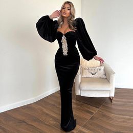 Black Prom Dresses Mermaid Long Sleeves Velvet Middle East Reception Party Dress African Evening Gowns