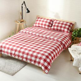 Bedding Sets 4pcs Washed Cotton Neat Elegant Bedroom Series Red Plaid Set With Fitted Sheet Elastic Rubber Around Couvre Lit