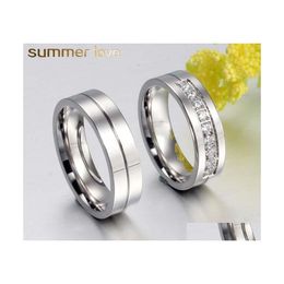 Cluster Rings Titanium Steel Round Couple Wedding For Men Women Shinning Crystal Inlay Sliver Finger Ring Simple Temperament Drop De Dh1Iy