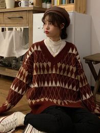 Women's Sweater Vintage Argyle Korean All match Chic V Neck Ladies Pullovers Student Lazy Style Winter Womens Sweater 230206