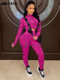 Women's Two Piece Pants CM YAYA Graffiti Tracksuit Zipper Track Jacket and Legging Matching 2 Set Outftis Yoga Suit Sweatsuit 230105