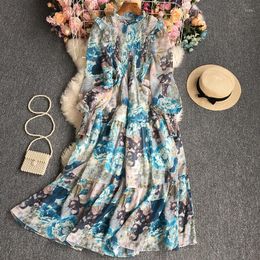 Casual Dresses Spring Fluffy Sleeved Floral Long Chiffon Dress Elegant O Neck Pull-over Ruffles Elastic Waist Ankle Boho