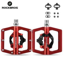 Bike Pedals ROCKBROS SPD Cleat Bicycle Pedal 2 In 1 Locked Bike Pedals Cycling Flat Pedals Aluminum Anti-slip Sealed Bearing Road Bike Parts 0208