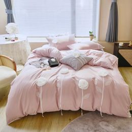 Bedding Sets Luxury Princess Set Soft Breathable 400TC Washed Cotton Hand-knitted Flowers Duvet Cover Quilt Bed Linen Pillowcas