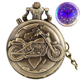 Pocket Watches Bronze Luminous LED Dial Motorcycle Motorbike MOTO Quartz Pocket Watch Chain Carved Steampunk Chain Pocket Fob Watch Clock Gifts 230208