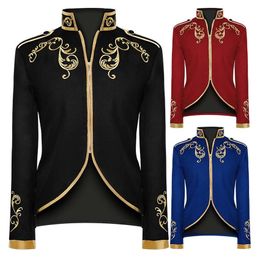 Men's Jackets Men's Mediaeval Vintage Jacket Solid Colour Embroidery Coat Zip Up Stand Collar Prince King Cosplay Costume Victorian Jacket Tops 230207