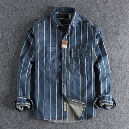 Mens Casual Shirts Autumn custom woven striped washed used denim shirt mens work style American retro trend youth 230208