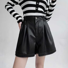 Women's Shorts PU Leather for Women New Fashion High Waisted Loose Wide Leg Pants Vintage Streetwear Black Y2302