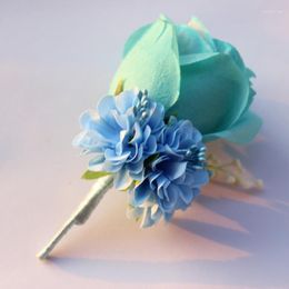 Decorative Flowers 4 Pieces Wedding Boutonnieres Sky Blue Color Groom Groomsman Pin Brooch Silk Rose Corsage Suit Decor Calla Flower