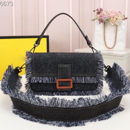 Cowboy Tassel Baguette Women Crossbody Bags Fashion Hardware Letters Magnetic Buckle Shoulder Handbag Purse Removable Tassel Shoulders Strap Interior Zip Pocket