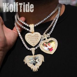 Custom Photo Love Heart Pendant Necklace Bling Cubic Zirconia Hip Hop 18K Gold Plated Personalized DIY Picture Jewelry Bijoux Gifts for Couple Lovers