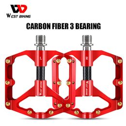 Bike Pedals WEST BIKING Aluminium Alloy Bicycle Pedals Ultralight 278g Carbon Fibre Tube 3 Bearings Anti-slip CNC BMX Mountain Bike Pedals 0208