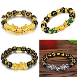 Strand Men Black Obsidian Stone Beads Bracelet Pixiu Chinese Feng Shui Good Luck Wealth Buddha For Women Jewelry