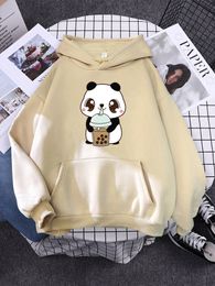 Womens Hoodies Sweatshirts Hoody Little Panda Drinking Milk Tea Print Hoodie Streetwear Cute Winter Clothes Oversized Loose Women 230208