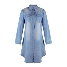 Casual Dresses Women Fashion Denim Shirt Dress Long Sleeve Lapel Single Breasted Solid Colour Tunic Tops