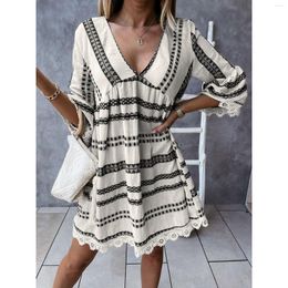 Casual Dresses Women Fashion Boho Sexy Lace Printed High Waist Loose Dress Flared Sleeve Tiered Tunic Ladies Summer Vacation Wear