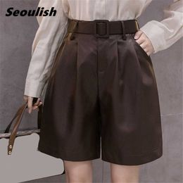 Women's Shorts Seoulish 2021 New Autumn Winter PU Leather With Belt Stylish High Waist Pockets Wide Legged Ladies Trouses Y2302