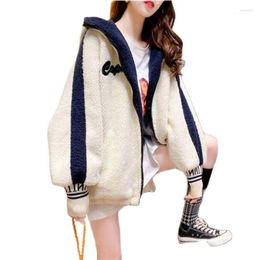 Women's Wool & Blends Hooded Imitate Lambswool Ladies Jacket Autumn Winter 2023 Large Size Plus Velvet Thicken Fashion Female Cardigan Coat