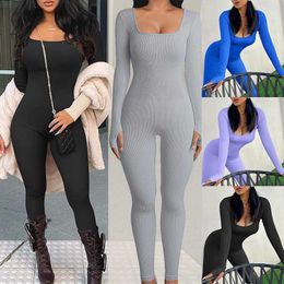 Wholesale Desinger Casual Sexy Women Jumpsuits Clothing Long Sleeve Knitted BodysuitsThreaded Square Neck Hip Lifting Sexy Rompers