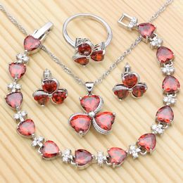 Wedding Jewellery Sets 925 Silver Kits For Women Red Cubic Zirconia Heart Shape Ring Bracelet Necklace Pendant Earrings