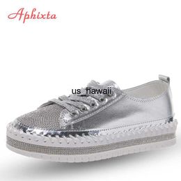 Dress Shoes Aphixta Loafers Shoes Women Luxury Silver Crystal Lace-up Platform Shoes Woman Sequined Cloth Bling Crysta Black Flat Heels Shoe T230208
